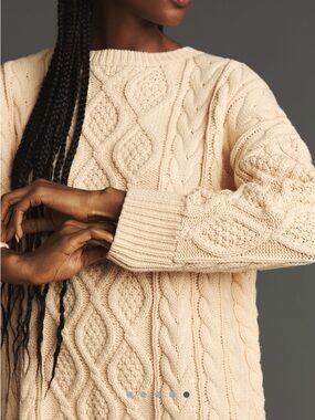 Anthropologie Cream Cable-Knit Long Sleeve Dress